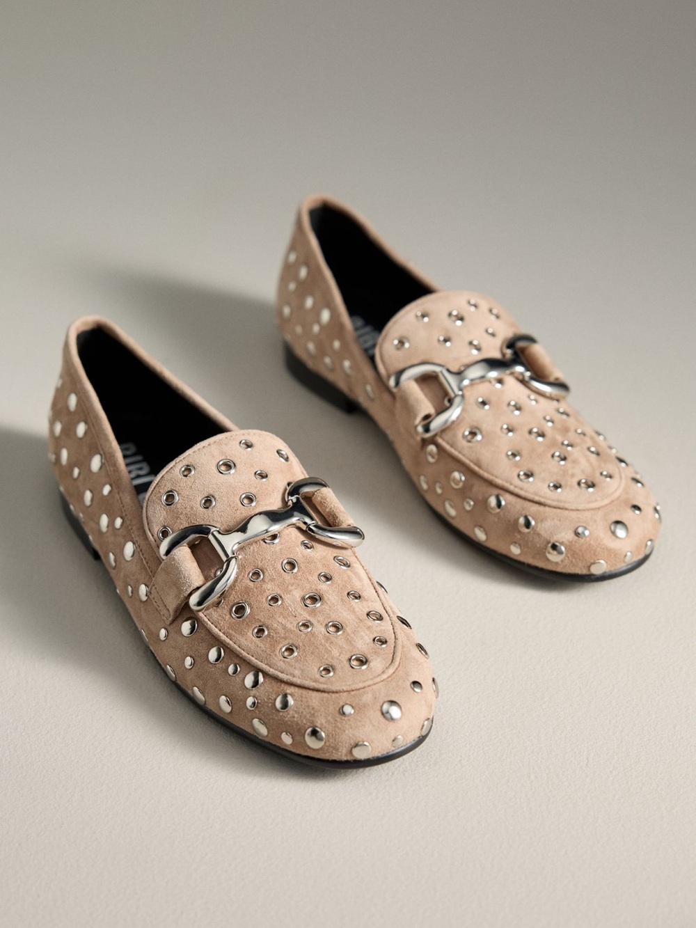 Bibi Lou Studded Tan Suede Loafers with Silver Hardware